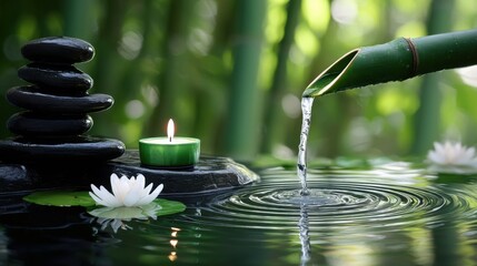 Aufkleber - Serene Zen garden scene with stacked stones, a green candle, white water lilies, and a bamboo water feature flowing into a tranquil pond. : Generative AI
