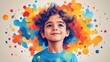 © Artistic Visionary - Smiling child with curly hair against a vibrant, colorful, abstract painted background