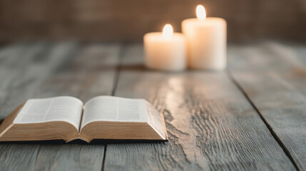 Fototapete - Open bible on rustic wooden table with two lit candles in soft focus background, creating a peaceful and spiritual atmosphere. : Generative AI