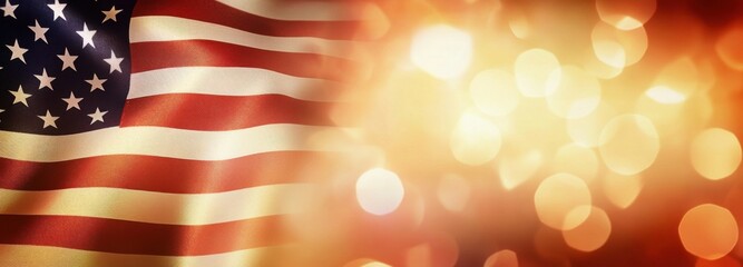 Poster - American flag with warm, golden bokeh lights, perfect for patriotic celebrations or memorial day designs. : Generative AI