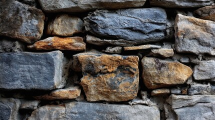 Aufkleber - A detailed close-up reveals the rustic texture of a weathered stone wall, showcasing various shades of gray, brown, and orange in the irregularly shaped stones. : Generative AI