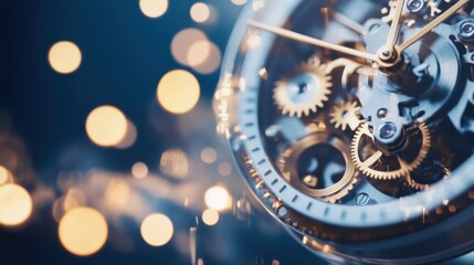 Leinwandbilder - Close-up view of a complex mechanical watch movement, showcasing intricate gold and silver gears against a bokeh background of warm, blurred lights. : Generative AI