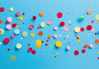 Poster - Vibrant confetti circles scattered on a bright blue background, creating a festive and playful atmosphere. Ideal for celebrations, parties, and joyful occasions. : Generative AI