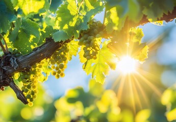 Aufkleber - Sunlit green grapes hanging from a vine, bathed in warm sunlight, showcasing the vibrant colors of a summer vineyard. : Generative AI