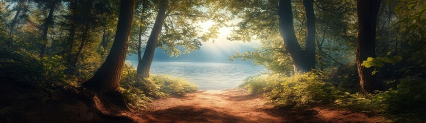 Aufkleber - Sunlit path through a lush forest leads to a tranquil lake, creating a serene and peaceful atmosphere.  The golden hour light filters through the trees, illuminating the foliage and pa : Generative AI