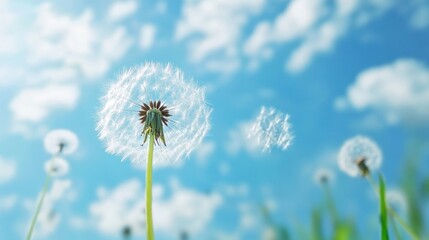 Aufkleber - A single dandelion seed head, fully bloomed, stands tall against a vibrant blue sky dotted with fluffy white clouds, showcasing its delicate white seeds ready to be dispersed by the wi : Generative AI