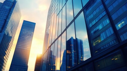 Poster - Modern cityscape at sunset, reflecting in glass skyscrapers, showcasing architectural details and urban development. : Generative AI