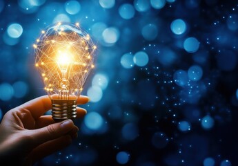 Poster - A hand gently holds a glowing lightbulb, its filament a network of interconnected lines, set against a bokeh backdrop of deep blue and sparkling lights. : Generative AI