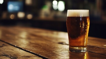 Poster - A pint of golden beer sits on a rustic wooden bar top, the background softly blurred with warm lighting, suggesting a cozy pub atmosphere. : Generative AI