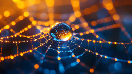 Water Droplet on Spiderweb with Blue and Orange Hues