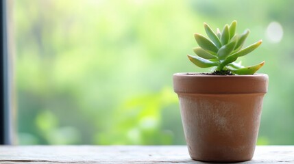 Fototapete - A small succulent plant in a terracotta pot sits on a weathered wooden surface, with a blurred green garden background. : Generative AI