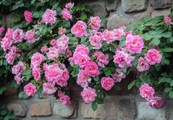 Poster - Pink climbing roses blooming profusely against a rustic stone wall, creating a vibrant and romantic floral display. : Generative AI