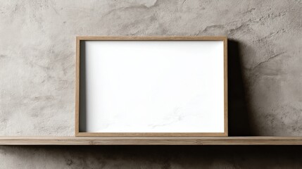 Leinwandbilder - Empty wooden frame on a rustic shelf against a textured concrete wall, offering a minimalist and modern aesthetic for design projects. : Generative AI