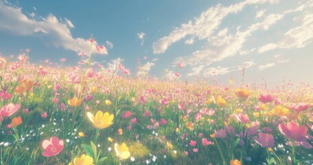 Leinwandbilder - A picturesque field of pink and yellow wildflowers blossoms under a vibrant, sunny sky, creating a serene and idyllic landscape. : Generative AI