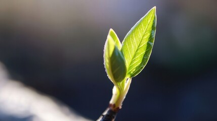 Leinwandbilder - A vibrant young sprout emerges, showcasing two delicate, bright green leaves backlit by sunlight, a symbol of new life and spring's arrival. : Generative AI