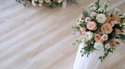 Poster - Elegant peach and white rose bouquet on a draped white stand, atop light wood flooring, perfect for wedding or event decor. : Generative AI