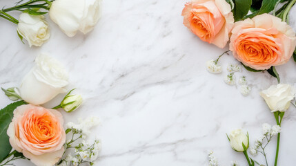Poster - Elegant arrangement of peach and white roses on marble background, perfect for wedding invitations or feminine designs. : Generative AI