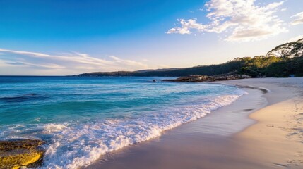 Leinwandbilder - Serene coastal scene at sunset, turquoise water gently lapping a pristine sandy beach, backed by lush green vegetation and a clear blue sky. : Generative AI