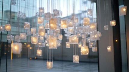 Aufkleber - Modern glass cube pendant lights illuminate a contemporary interior space, creating a warm and inviting atmosphere. : Generative AI