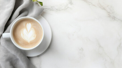 Poster - Aromatic latte art in a white cup rests on a gray linen napkin atop a marble surface, offering a serene and minimalist coffee break scene. : Generative AI