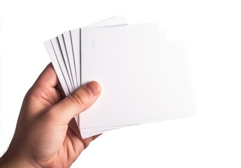 Poster - A man's hand holds a stack of blank white cards, perfect for your design mockups or presentations.  The clean, simple background emphasizes the cards' potential. : Generative AI