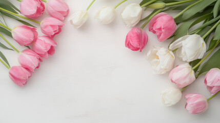 Poster - Pink and white tulips arranged on a white surface create a beautiful floral border, perfect for spring or wedding themes. : Generative AI