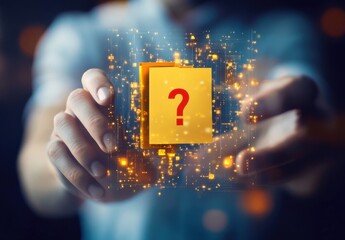 Poster - Person holding a glowing digital question mark on a yellow sticky note, representing uncertainty or problem-solving in a technological context. : Generative AI