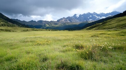 Aufkleber - Serene mountain meadow landscape with wildflowers blooming under a partly cloudy sky, showcasing a picturesque valley and majestic snow-capped peaks in the distance. : Generative AI