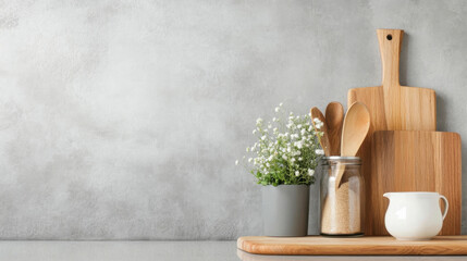 Poster - Wooden kitchen utensils and cutting boards arranged on a countertop with a small bouquet of white flowers and a jar of grains, against a grey textured wall. : Generative AI