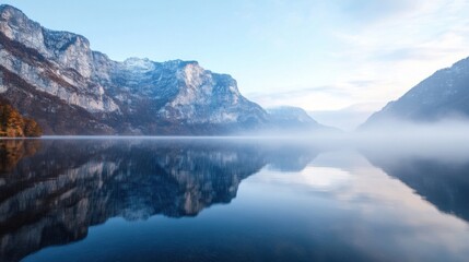 Leinwandbilder - Serene alpine lake reflecting snow-capped mountains under a pale sky, a tranquil winter scene. : Generative AI