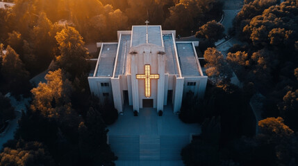 Poster - Aerial view of a modern church building at sunset, featuring a large illuminated cross in its facade, surrounded by lush green trees. : Generative AI
