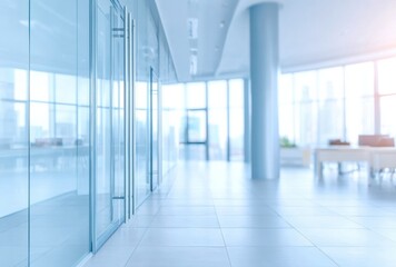 Fototapete - Modern office interior with glass doors and tiled floor, showcasing a bright and spacious workspace with blurred background. : Generative AI