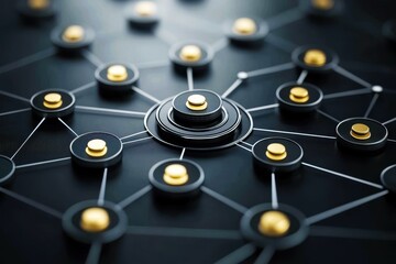 Wall Mural - abstract technology network design featuring interconnected nodes and central hub illuminated by gol