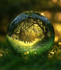 Leinwandbilder - A crystal sphere reflects a serene landscape, showcasing a lush green meadow with a majestic tree bathed in golden sunlight, creating a magical, ethereal scene. : Generative AI