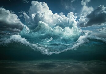 Fototapete - A dramatic underwater view reveals a colossal wave mirroring a towering cumulonimbus cloud formation, creating a surreal, otherworldly seascape. : Generative AI