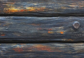 Aufkleber - Dark, Weathered Wooden Planks with Orange and Yellow Stains: A Detailed Texture Image : Generative AI