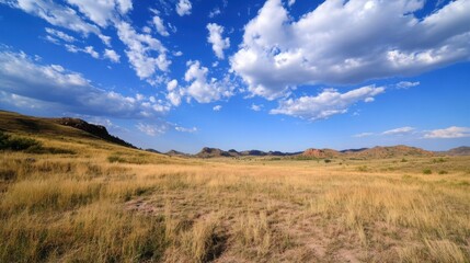Poster - Expansive prairie landscape under a vibrant blue sky, dotted with fluffy white cumulus clouds, rolling hills and golden grasses stretch to the horizon. : Generative AI