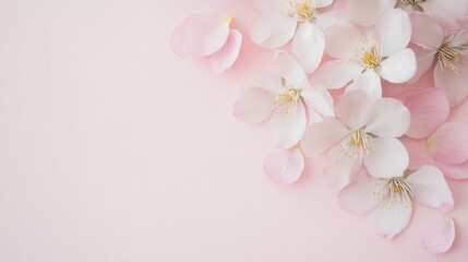 Fototapete - Delicate pink blossoms and petals scattered on a soft pink background, creating a serene and romantic floral arrangement. : Generative AI