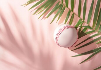 Leinwandbilder - A pristine white baseball rests on a soft pink background, partially obscured by the elegant shadow of a palm frond, creating a summery, sporty scene. : Generative AI