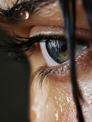Poster - Close-up of a woman's eye, glistening with sweat, dark hair framing her face, highlighting the detail of her eyelashes and skin texture.  A single drop of perspiration hangs delicately : Generative AI