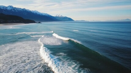 Fototapete - Aerial view of a powerful ocean wave breaking near a snow-capped mountain range on a sunny day, showcasing the dramatic contrast between the deep blue water and the white foam. : Generative AI