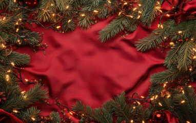 Aufkleber - A festive christmas border of pine branches and warm fairy lights arranged on a rich red satin fabric, creating a luxurious holiday background. : Generative AI