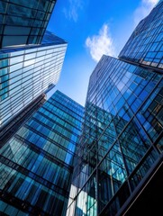 Poster - Modern glass skyscrapers ascend towards a vibrant blue sky, their reflective surfaces capturing the sunlight and clouds.  A low-angle perspective emphasizes their towering height and a : Generative AI