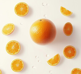 Aufkleber - A whole orange and several segments arranged on a white background, creating a vibrant and refreshing composition.  The image features juicy citrus fruit slices with glistening texture : Generative AI