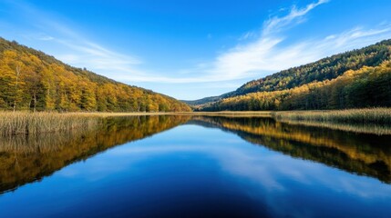 Leinwandbilder - Serene autumn lake reflecting golden trees and a vibrant blue sky, creating a picturesque landscape ideal for nature photography and peaceful backgrounds. : Generative AI