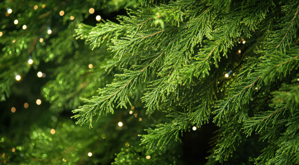 Poster - Close-up of lush green pine branches adorned with warm, soft lighting, creating a festive and inviting holiday atmosphere. : Generative AI