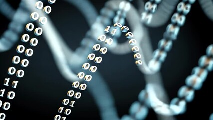 Glowing binary code forms a digital double helix, symbolizing data and genetic information on a dark, abstract background