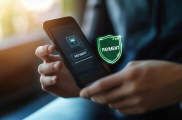 Poster - Person making secure online payment using smartphone app, digital shield icon indicates secure transaction process. : Generative AI