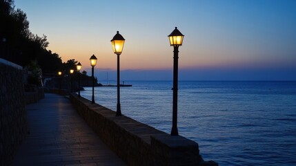 Poster - Serene coastal path at twilight, illuminated by warm lamplight, offering a tranquil seaside ambiance with calm waters and a picturesque shoreline. : Generative AI