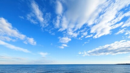Poster - Serene seascape showcasing a vast expanse of blue ocean under a vibrant sky filled with fluffy white cumulus clouds. : Generative AI